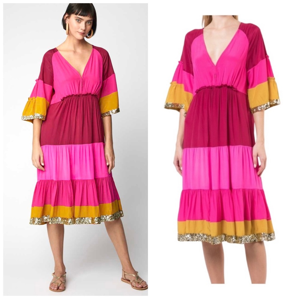 NWT Figue  Silk Crepe Colorblock Gold Sequin  Trim Midi Dress Bohemian Gypsy - Picture 2 of 16